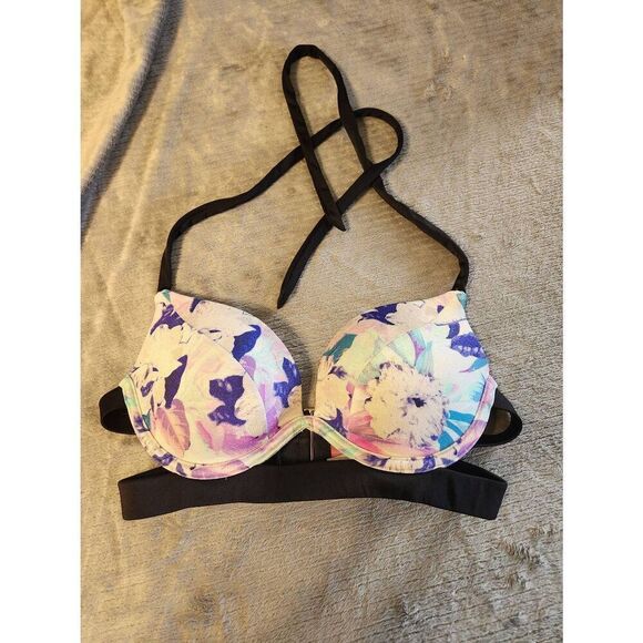 Victoria's Secret Swim The Hottie Halter 32C Bikini strappy Floral Padded Push U - Picture 1 of 3